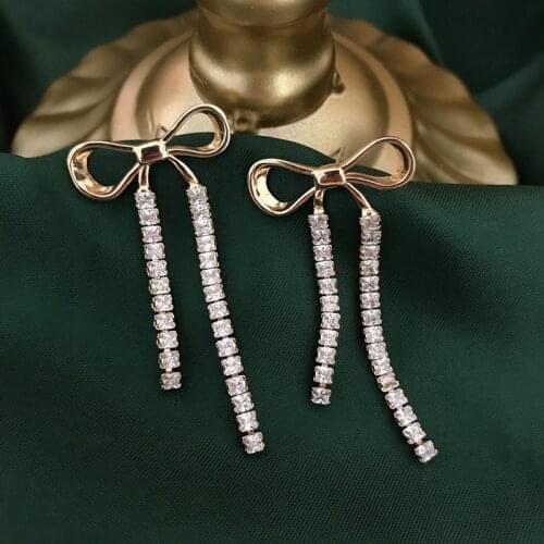 Sweet Bow Earrings Copper Material Long Dangle Zircon Crystal Stone Party Jewelry