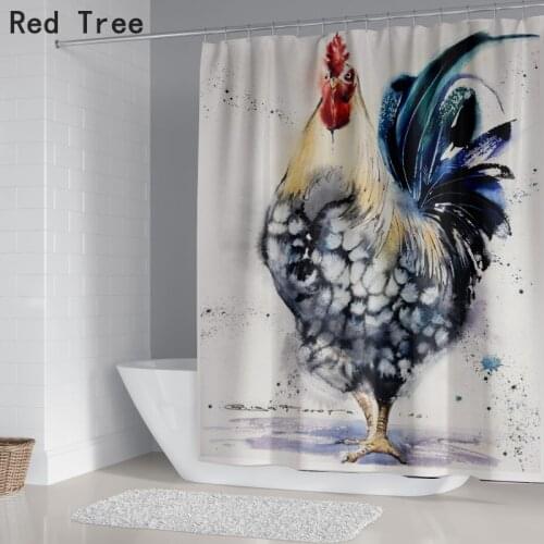 Home Textile Bathroom Toilet Decoration Standing Cock Printed Shower Curtain Easily Hanging with Hooks Set Waterproof Polyester