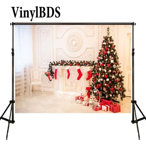 VinylBDS Warmth Indoor Christmas Background White Relief Wall Wooden Floor Backdrop Sock Tree Gift Box Backdrops for Children