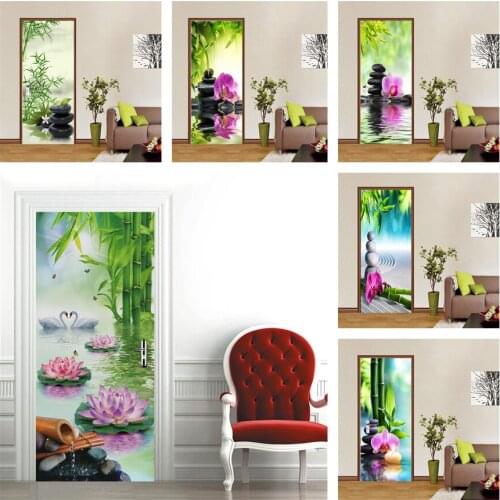 Water Green Bamboo Lotus Door Sticker Tea Room Decoration Wallpaper Self-adhesive Vinyl Poster Corridor Bedroom Wall Decal Mural