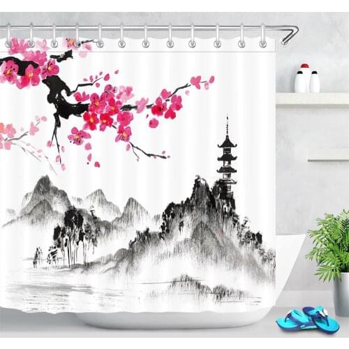Ink Painting Shower Curtain Bathroom Art Decor Traditional Chinese Landscape Waterproof Shower Curtain Polyester Fabric Japanese