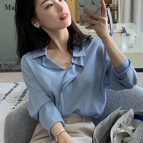 Women Office Lady 2021 Vintage Lapel Shirts Autumn French Style Long Sleeve Shirt Ruffled Loose Women Tops and Blouses 11347