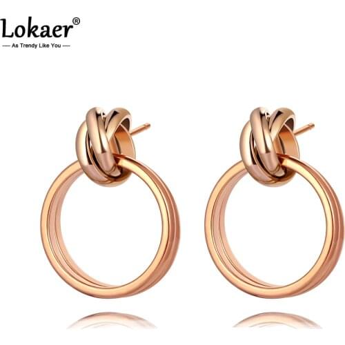 Lokaer Hyperbole Punk Stainless Steel Rose Gold Geometric Double Circle Earrings Bohemia Style Creative Jewelry For Women E20072
