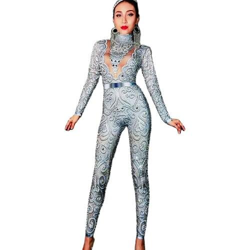 Silver Print Women Long SLeeve Jumpsuits Nightclub Pole Dancing Stage Wear Shining Diamonds Skinny Stretch Evening Prom Costumes