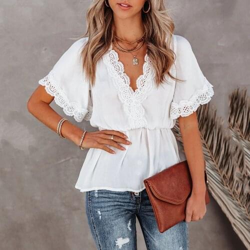 Women Summer Tops Sexy Backless Lace Up Deep V Neck Fashion Lace Short Sleeve Top 2021 Woman Casual Loose Vacation T Shirt Tops