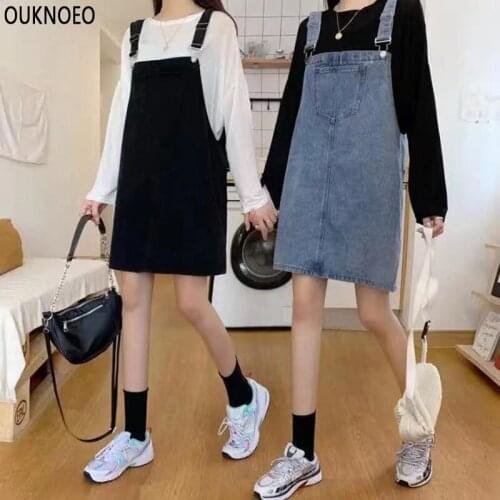 Womens Denim Back Skirt Loose Oversize Short Show Thin Big Pocket Jeans Korean Preppy Style 2021 Woman Sunmmer Denim Dress