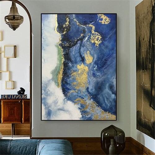 100%Hand-painted beautiful oil painting abstract gold foil canvas painting blue gold wall art modern home living room decoration
