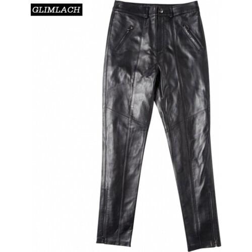 Casual Genuine Leather Pants Women Sheepskin Real Leather Trousers Streetwear Fake Zipper Fashion Lady Slim Leather Pencil Pants