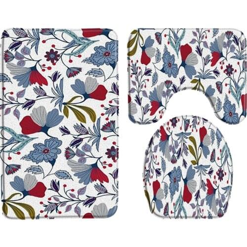 Hand Painted Flowers Printing Bath Mat Bathroom Decor Non-Slip Floor Mats Toilet Cover Lid Rug Three Piece Set Bathroom Products