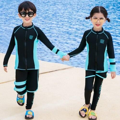 Kids Swimsuit Rashguard Girl Boy 3 Piece Long Sleeve front Zipper Jacket Pant Shorts Solid blue black Sportsuit surfing Wetsuit