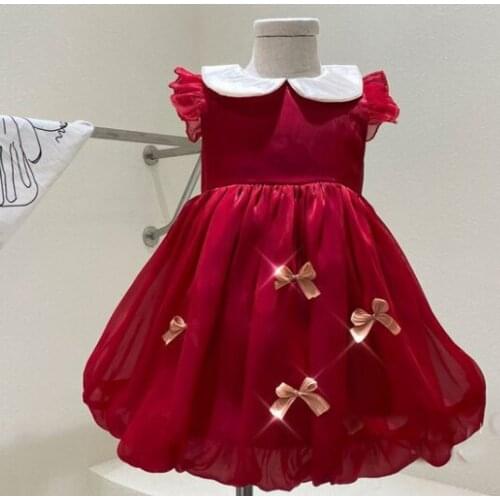 Girls' wine red dress 2021 summer new Korean kids first year Princess Dress bow Childrens clothing