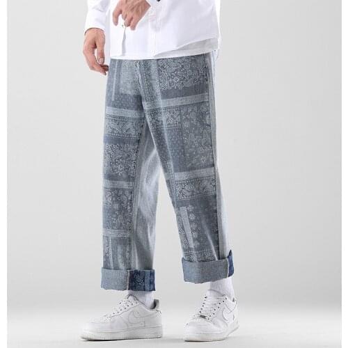 2021 Autumn New Mens Graphic Print Denim Wide-leg Pants Streetwear Elastic Waist Baggy Jeans Male Brand Clothes