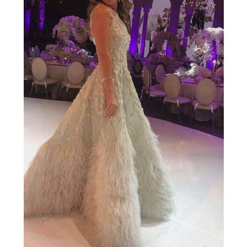 Elegant Vestidos De Fiesta O Neck Appliqued Beaded 3D Flowers Feather Luxury Evening Dresses 2019