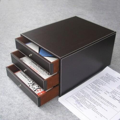 Hot 3-layer 3-drawer wood structure leather desk filing cabinet storage box office organizer document container Brown 213A