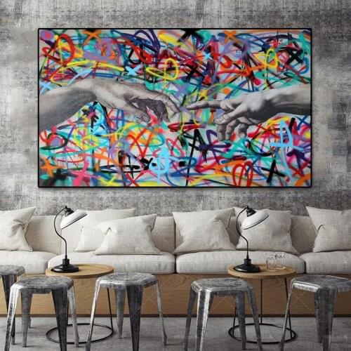 Graffiti Art The Creation of Adam Famous Art Canvas Paintings on The Wall Hand To Hand Street Pictures for Modern Home Decor