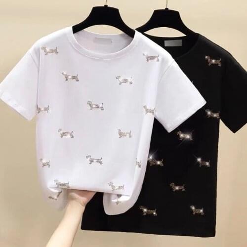 Cotton Hot Drilling White Short-sleeved T-shirt Women 2021 Summer New Fashion Ins Fashion Korean Loose Top Women