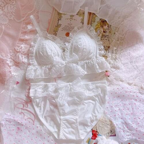 Cute Lace Trim Womens Japanese White Bra & Panties Set Milk Silk Wirefree Soft Underwear Comfortable Sleep Intimates Set Lolita