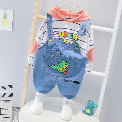 Autumn Children Kids 2Pcs Suits Baby Girls Clothing Sets Boys Hooded Letter Hoodies Tops + Cartoon Denim Jeans Overalls Trousers