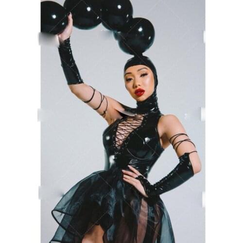 Nightclub bar Ds black patent leather sexy hollow gogo costume stage performance cloth women dancer wears