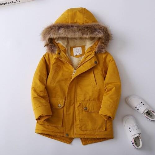 New Arrived Boys Coats Winter Fashion Childrens Plus Velvet Girls Hooded Jacket Outwear Faux Fur Collar Boys Clothes TZ689
