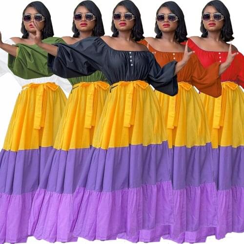 L0358 Wholesale Items Casual Sexy Off Shoulder Rainbow Dresses Summer Girls' Bodycon Maxi Dress