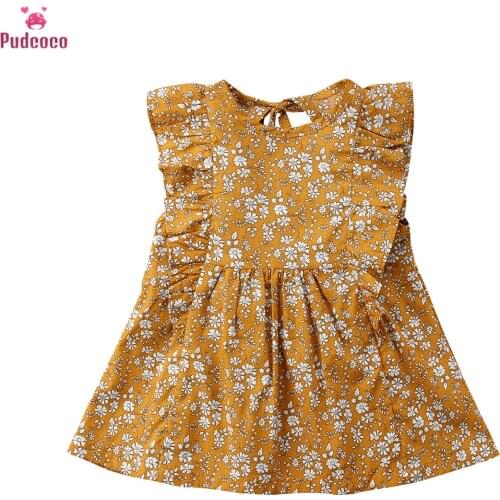 Pudcoco 2020 Summer Toddler Baby Girl Clothes Flower Ruffle Sleeveless Dresses Outfits Cotton Clothing 12M-4Y
