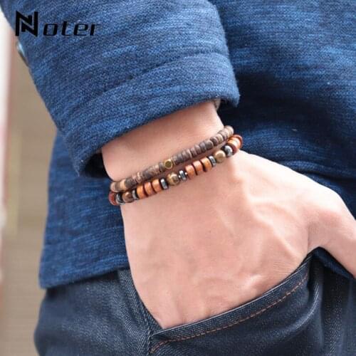 Noter 2pcs/Set Mens Bracelet Vintage Wood Braslet Bohemia Male Braclet Camping Jewelry Minimalist Natural Stone Braclet Beads