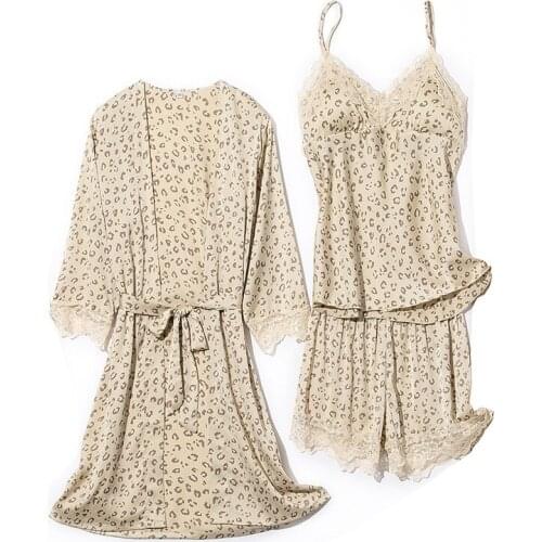 Satin Sleepwear Robe Suit With Lace Women 3PCS Pajamas Set Sexy Kimono Bathrobe Gown Silky Pijamas Loungewear Leopard Pyjamas