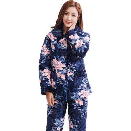 Floral print pyjamas women three-layer thick warm winter quilted jacket womens coral velvet padded pajamas pijama mujer invierno