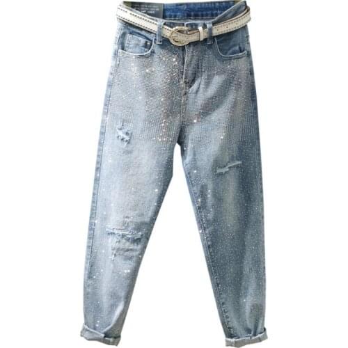 Plus size 26-31! Fashion Rhinestones diamond high waist women denim pants hole casual jeans loose ankle length harem pants