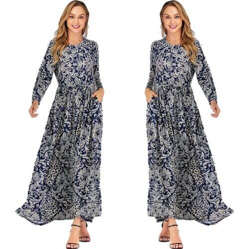 Plus Size Women Boho Maxi Dress Vintage Print Abaya Kaftan Turkish Pocket Caftan Arab Jilbab Party Gown Muslim Robe Islamic 5XL