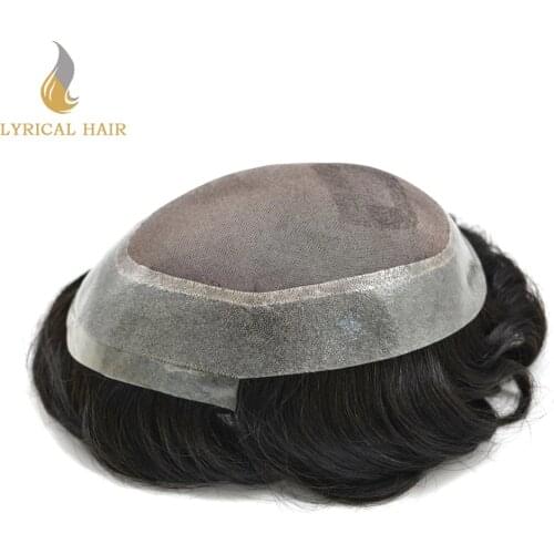 Fine Mono Pu Mens Toupee Hairpiece Clear Poly Skin Around Human Hair Replacements #1B Natural Black Hair Systems Men Wigs
