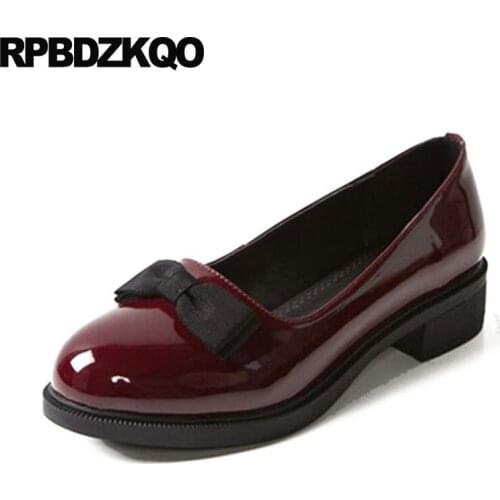 Designer Bow 2018 Size 4 34 Black Footwear Sweet Lolita Shoes Low Heels Wine Red Cheap Fashion Round Toe Patent Leather Chunky