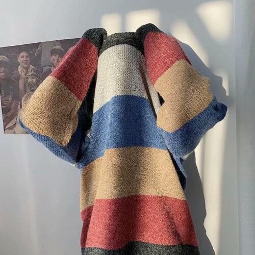 Rainbow Striped Knitted Pullover 2020 New Brand Colorblock Splice Korean Style Sweater Men Loose Solid Casual Winter Clothes