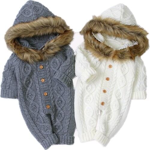 Newborn knitting Romper with Fur collar hat Autumn Winter Toddler Boys Girls Romper Baby Kids Cute Clothing Children Romper