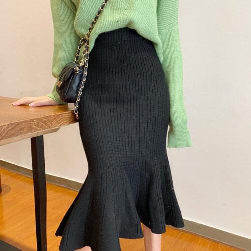 Knitted Solid Mermaid Women Skirts Autumn New 2021 Slim Knee-Length Office Lady Elegant Skirts Clothing Top Quality