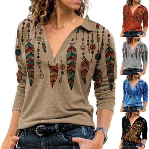 Autumn New Style Womens V-neck Lapel Top Printing Long-sleeved Harajuku Style Womens T-shirt Loose Large Size Pullover T-shirt