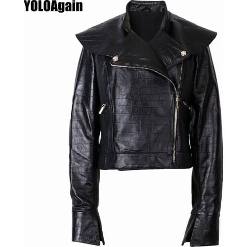 YOLOAgain Spring Fashion Women Stand Collar Lizard Pattern Genuine Leather Jacket