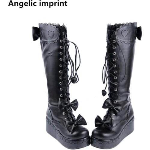 Angelic imprint mori girl Women motorcycle boots lady high wedges heels lolita shoes woman princess dress pumps bowtie 7cm black
