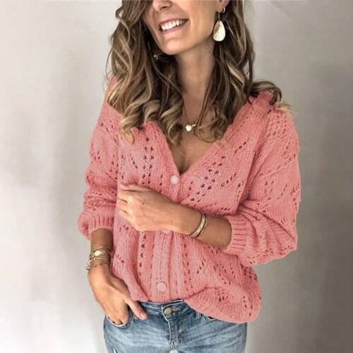 Womens Solid Color V-neck Long-sleeved Single-breasted Cutout Autumn and Winter Fashion Top