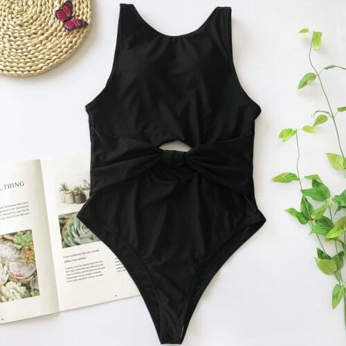 Maillot De Bain Femme 2020 Swimwear Women High Neck Solid Black Cut Out Bodysuits One-pieces Swimsuit Push Up Padded Monokini