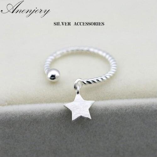 ANENJERY 925 Sterling Silver Star Pendant Rings For Women Simple Opening Wedding Rings anillos mujer anel S-R237