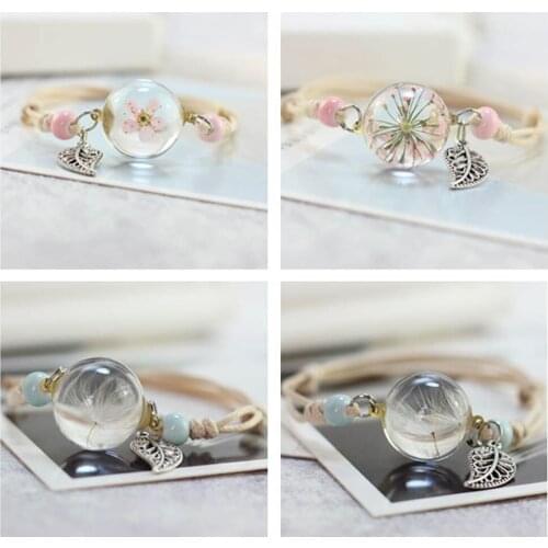 1PC New Vintage Style Charm Bracelet Handmade Real Dry Flower Glass Ball Weave Adjustable Bracelets Bangle For Women