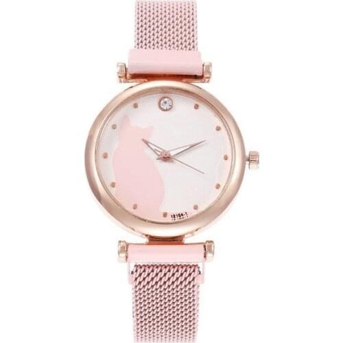1pcs Casual Girl Cat Watch Rose Gold Bracelet Set Cat Pattern Black Magnet Watch Ladies Wrist Watches Women Quartz Clock