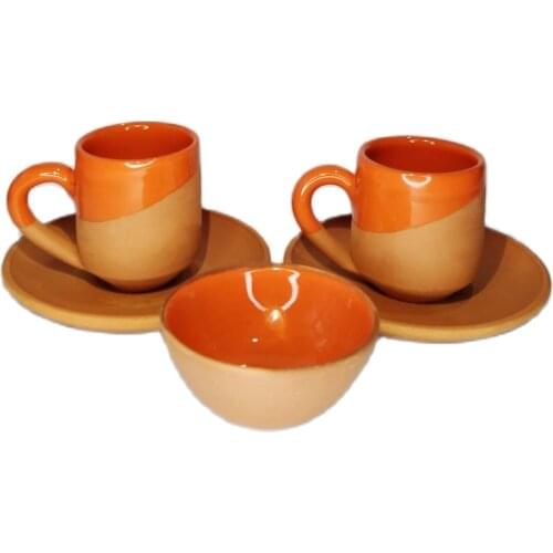 Avanos Earth Turkish Coffee cup Dish 3 pcs Set Earth Handmade Glazed Nevsehir Ceramic Tableware Presentation Kitchen Colorful