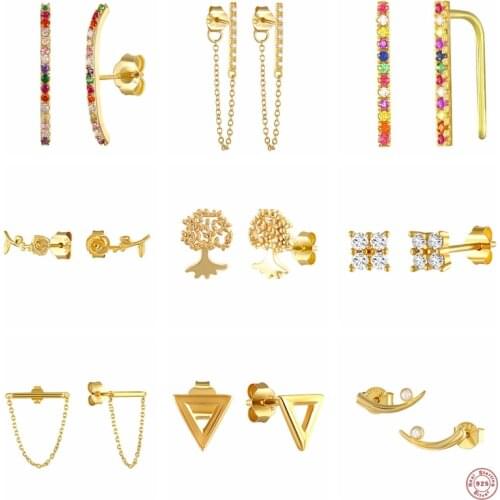 GS 925 Sterling Silver Rose Tree Stud Earrings For Women Colorful Crystal Long Bar Ear Stud Birthday Christmas Gift Jewelry