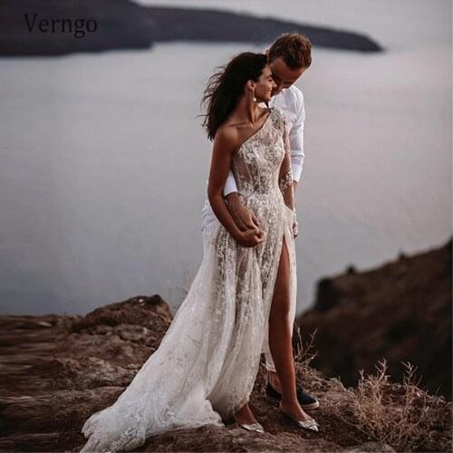Verngo Bohemian Full Lace Floral Beach Wedding Dress One Shoulder Long Sleeve Side Slit Bride Gowns Modest A Line Bridal Dress
