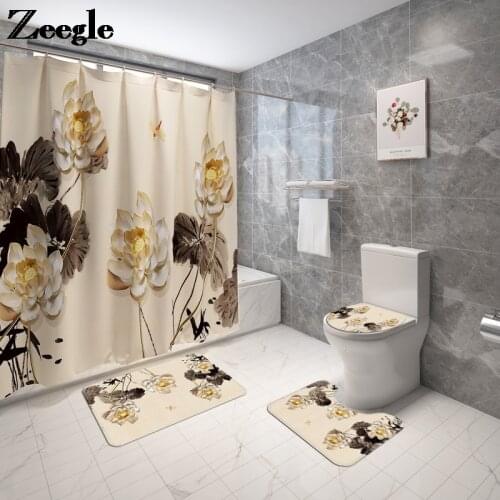 Floral Bathroom Bath Mat and Flannel Shower Curtain Set Toilet Seat Cover Floor Waterproof Bathroom Curtain Toilet Foot Rugs