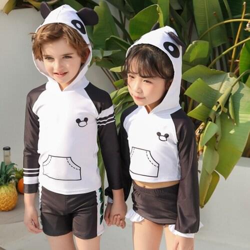 4-14 Y Kids Hooded Cute Swimwear Boys Girl Cartoon Surfing Swimsuit UPF50+ 2 Pcs Boy Bathing Suits Top+Shorts Children Swimwear
