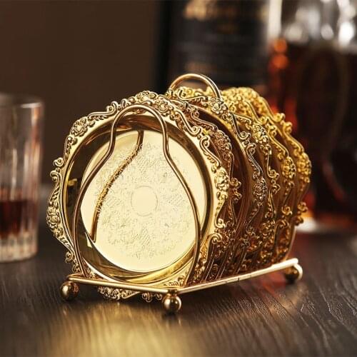 Home 6pcs Coaster Set Table Decoration Cushion Golden Wine Coaster European Style Retro Zinc Alloy Tableware Mat Placemat